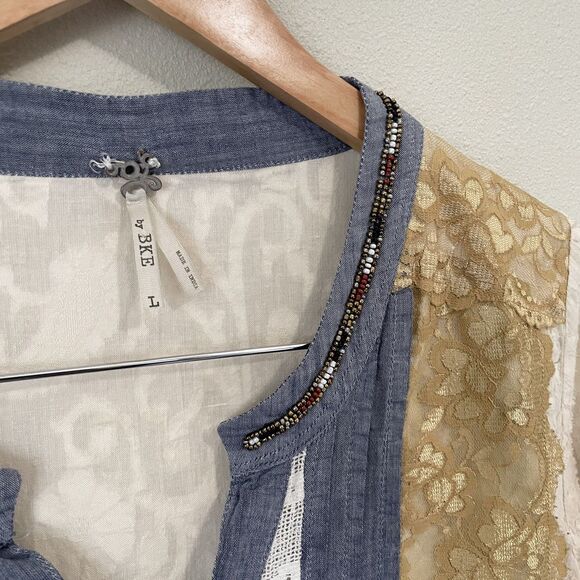 Gimmicks By BKE Top Womens L V-Neck 3/4 Sleeve Pullover Shirt Lace Beaded Boho - Picture 14 of 15